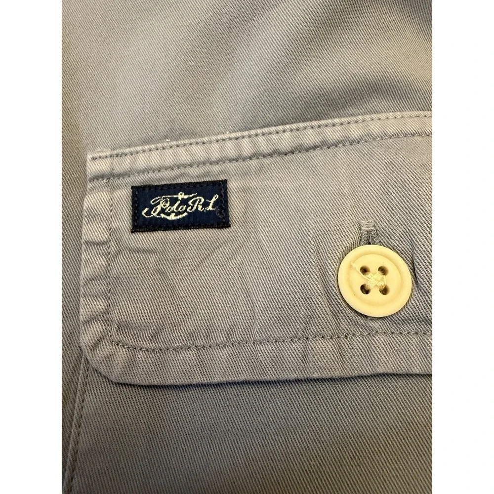 Ralph Lauren Polo Shirt Mens Medium Gray Blue Button Up Long Sleeve Flap Pockets